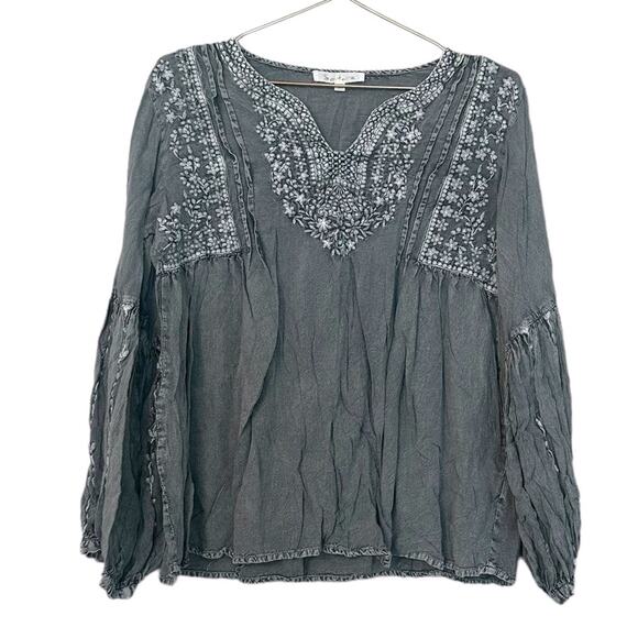 Solitaire Top Medium Gray Embroidered Boho Long Sleeve Peasant Blouse Womens - Picture 1 of 7